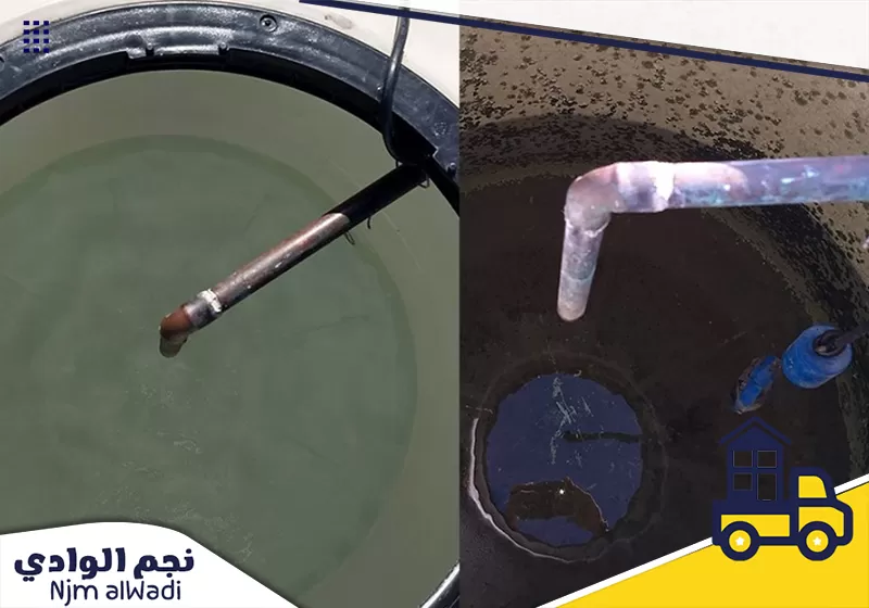 قبل وبعد تنظيف خزان مياه بالمجمعة وإزالة الرواسب من القاع والجدران